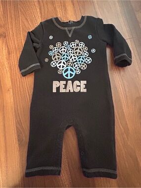 Amy Coe Black One-Piece with Blue and White Peace Graphic. Size 6-9 Months.